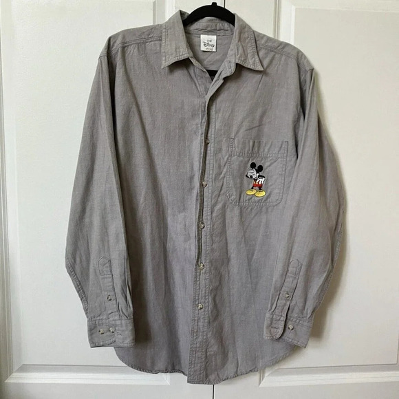 Vintage  Disney Store Laughing Mickey Embroidered Button Up Shirt Pocket Gray - Picture 1 of 5